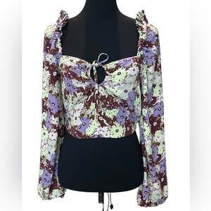 New ~ OPEN EDIT ~ ! Ruched Keyhole Blouse Floral S FALL